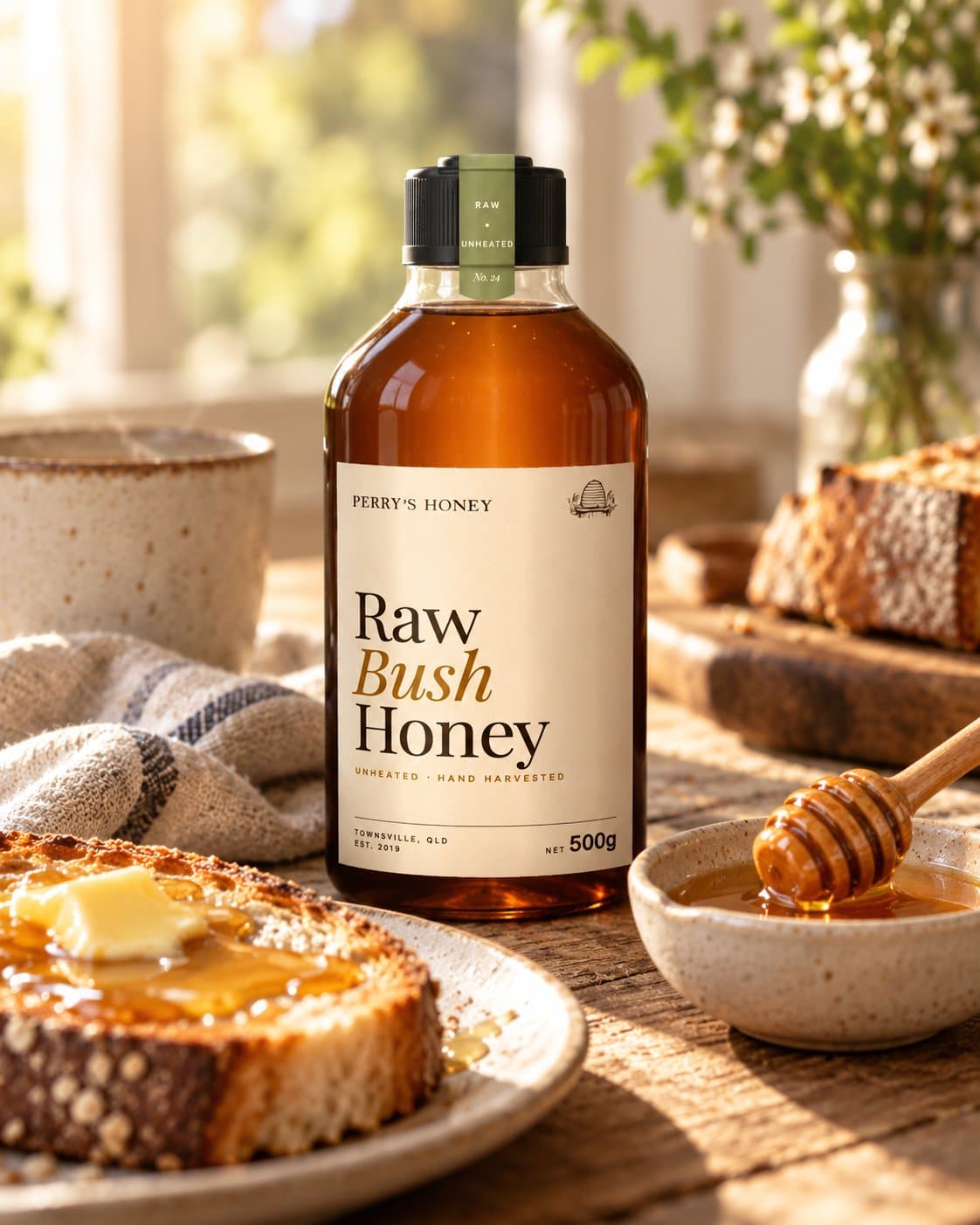 Raw Bush Honey on a breakfast table with toast and butter