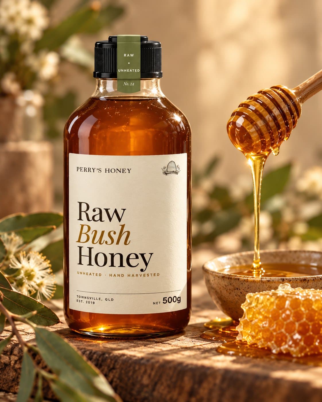 Raw Bush Honey beside a bowl of honey and a dripping honey dipper