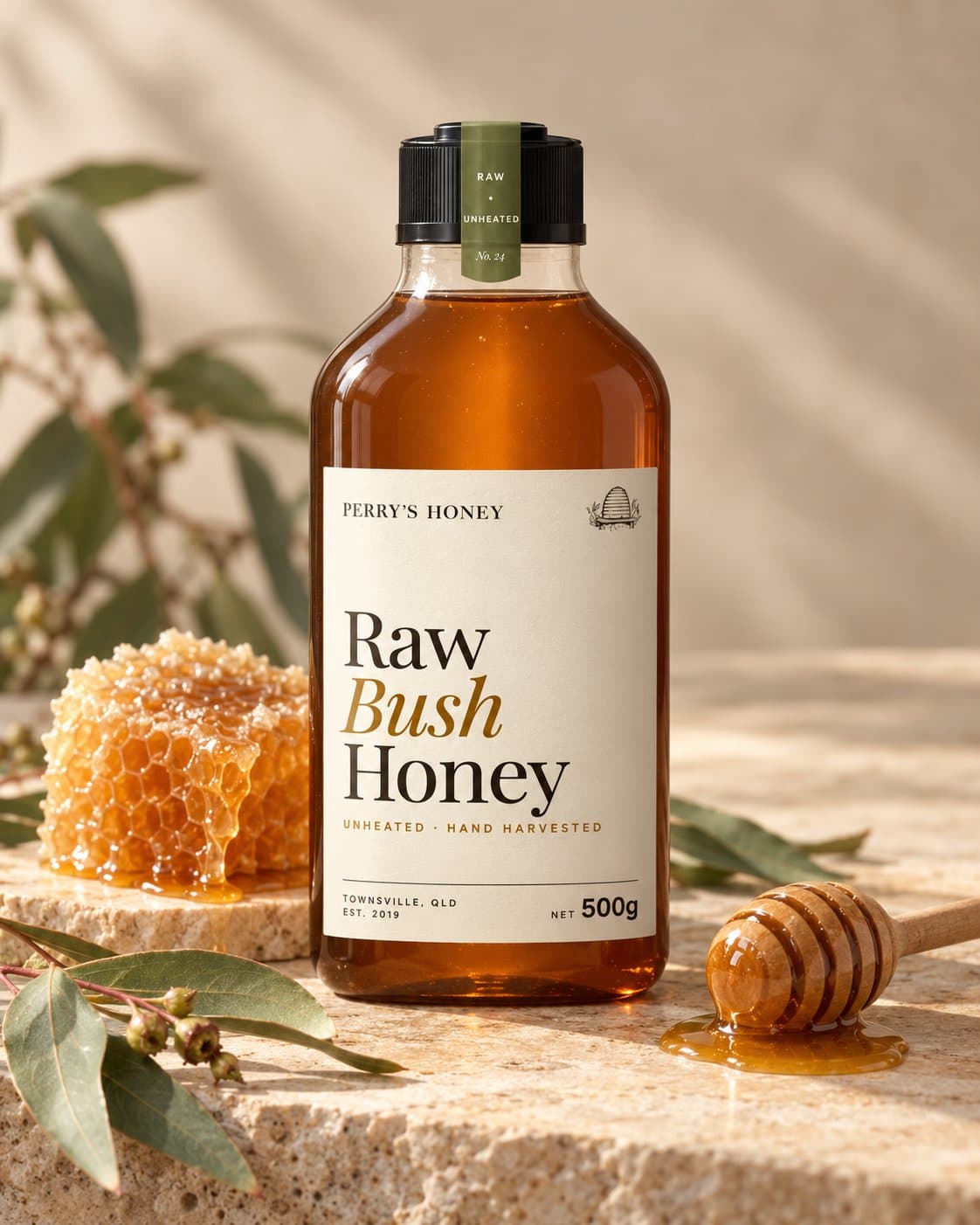 A 500g squeeze bottle of Perry's Raw Bush Honey